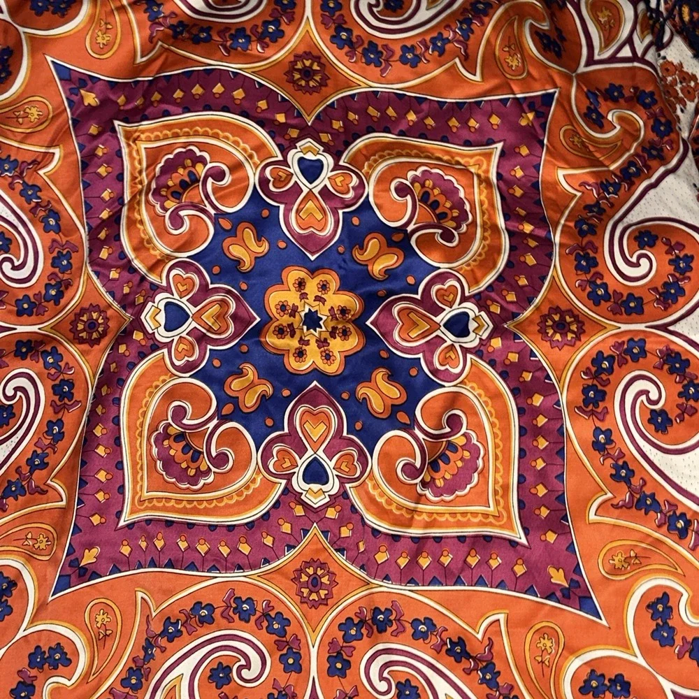 Pottery Barn Jess Scarf Print Throw Orange Navy Paisley Silk Fringe 50x60 Inch